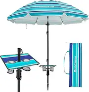 HOMEDEMO 7ft Beach Umbrellas For Sand Heavy Duty Wind, Portable Beach Umbrella UPF 50+ Windproof Outdoor Beach Umbrella with Sand Anchor, Tilt Pole, Carry Bag, Table Tray, Vent and Hook