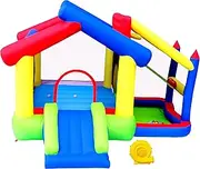WELLFUNTIME Inflatable Bounce House with Slide, Jumping Castle with Blower and Ball Pool, Basketball Game, Dart Target Game