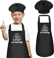 XLSXEXCL Kids Apron and Chef Hat Set, “CHEF in training” Apron Adjustable Child Apron Chef in Training Funny Apron
