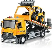 Tow Truck Toy Metal Cab, Flatbed Tow Truck Toys for Boys Age 3-5 with Backhoe Loader, Friction Powered Transport Trailers with Lights, Sounds, Construction Vehicles for Kids 12.5"
