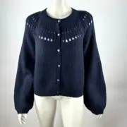 Boden Fluffy Ruffle Cardigan Women L NWT Alpaca Wool Button-up Sweater Navy