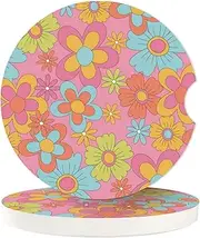 Vintage Pink Hippie Flower Absorbent Car Cup Coasters,Cup Holders,Cork Base Drink Coasters with Finger Notch for Easy Move of Car Cup Holder for Women Men 2.6"(2 Pieces)