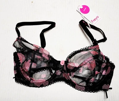 Freya Rose Blossom Bra Black Size 28G Underwired Plunge Balcony Sheer 402402 New