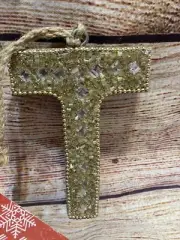 Gold initial letter T beaded Christmas Tree ornament-NEW-Bed, Bath, and Beyond