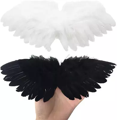 2Pcs Mini Black and White Angel Feather Wings for Crafts with Elastic Straps, Do