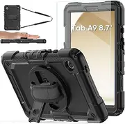 [BLOSOMEET] Case Only for Samsung Galaxy Tab A9 [8.7 Inch] 2023 with Tempered Glass Screen Protector,S Pen Holder Stand Hand Strap & Shoulder Strap,Black