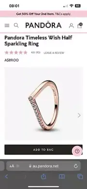 Pandora Rose Gold Wishbone Half Sparkling Ring Size 54