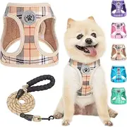 BEAUTYZOO Small Plaid Dog Harness and Leash Set for XS S Pets, Step in No Chock No Pull Soft Mesh Dog Vest Harnesses Reflective for Extra-Small/Small Medium Puppy Dogs and Cats, Beige S