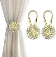 Magnetic Tiebacks for Curtains, 2 Pack Sparkling Crystal Flower Curtain Tiebacks Curtain Buckle Clips with High-Elastic Spring Wire for Home Office Decoration (Yellow & White)