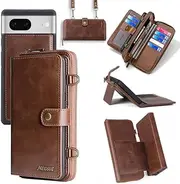 Yidai-Silu Google Pixel 7 Pro Flip Wallet Case【3in1 Design，Zipper Case】 Detachable Magnetic Shoulder Strap Viewing Stand Shockproof Card Holder PU Folio Cover for Google Pixel 7 Pro - Brown