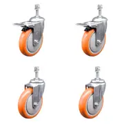5 Inch SS Orange Polyurethane 3/8 Inch Threaded Stem Caster Set 2 Total Lock