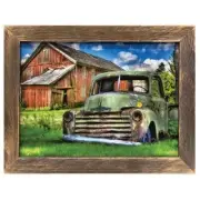 New Farmhouse Rustic VINTAGE OLD GREEN TRUCK RED BARN PICTURE Barn Wood Frame