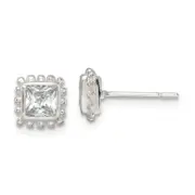 Sterling Silver Polished & Beaded Edge Square Cz Post Earrings