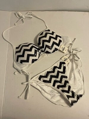 NWT Victoria's Secret PINK Black White Chevron Sequin Bikini Swim Push Up Medium