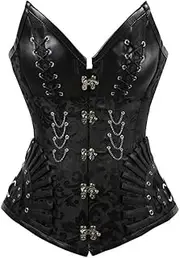 [FAWENLI] Fashion Women'S Overbust Corset Gothic Steampunk Corsets Brocade &Amp; Leather With Chains Overbust Corset To