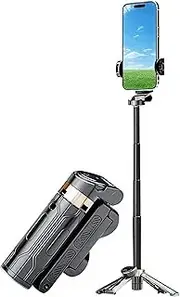 Bluetooth Selfie Stick Tripod with Remote, 360° Rotating Compact Phone Stand & 4-Section Extendable Handle for Smartphones, Portable Foldable for Social Media/Vlogging