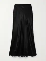 [RIXO] RIXO - Crystal Scalloped Lace-trimmed Satin Midi Skirt - Black - UK 14 UK 14 Black