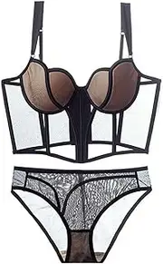 [generic] Transparent Mesh Corset Sexy Shaper Thin Bra Set Night Club Sweet Cropped Top Hot Bra and Panties Bralette