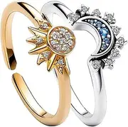 [Tignapoo] Sun and Moon Stackable Women's Ring, Adjustable Matching Ring for Best Friend and Couple Gift, Friendship Ring, Gold and Silver, Art Deco Style