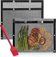 BBQ Grill Mesh Bag, Non-Stick BBQ Bake Bag, 2 Pcs Large BBQ Grilling Bags with 1 Pcs Silicon Brush, Reusable and Easy to Clean, Works on Electric Grill, Outdoor Gas, Charcoal BBQ