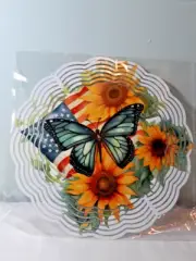 American Flag Sunflowers Butterfly Hanging Wind Spinner Yard Decor Kinetic 10in