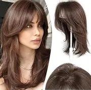 ICRAB Hair Topper with Curtain Bangs for Women Add HairVolume, 14Inch Silk Base Topper Clip in Middle Part Bangs Extension Realistic Wiglets Hairpieces for Thinning Hair Mocha Brown