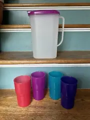 TUPPERWARE Slimline Clear Pitcher With Handle 2009B Gem Colors Tumblers Set
