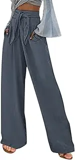 Wide Leg Linen Dress Pants for Women High Waist Drawstring Business Work Pant Summer Casual Lounge Pants with Pockets