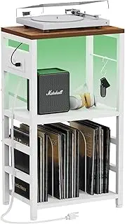 YAKANJ End Table with LED Light,Record Player Stand with Charging Station,Vinyl Records Storage,Turntable Stand Albums Storage for Music Room Studio-Industry White