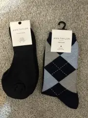 Ann Taylor Socks No Show Crew Black Blue Argyle One Size NWT