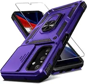[Janmitta] Compatible with Galaxy A25 5G Case Built in Slide Camera Lens Cover+Screen Protector+Finger Ring Holder Kickstand,Heavy Duty Shockproof Full Body Phone Cover,2024 Purple