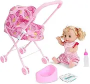 Baby Doll Pushchair, 1 Set 55cm/21.6inch Foldable Baby Doll Stroller with Baby Girl Doll & Doll Accessories, Doll Pram for 1+ Years Old Toddler Kids (Style 1)