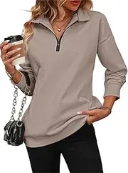 [Generic] Baweilder Womens Zip-Up Dropped Shoulder Sweatshirt with Pockets, Women Casual Quarter Zipper Pullover, Light Brown, XX-Large