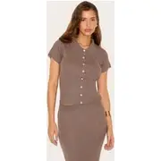 Deep Mocha Filagree Button Through Short Sleeve Top, Deep Mocha