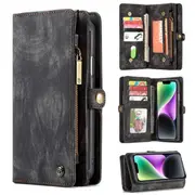 CaseMe For Apple iPhone 15/14/13 Zipper & Detachable Retro Leather Pouch Wallet Flip Purse Bag Detachable Phone Case Cover (Black)