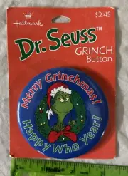 Vintage Pin Button 1997 Hallmark Dr Seuss Grinch Merry Grinchmas! Christmas