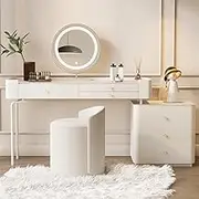 White Modern Vanity Desk with Round Mirror and Chair Solid Wood Makeup Table with Drawers Adjustable Vanity with Lights 3 Color Options (White+White Table Legs 100cm)