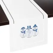 Snowman Embroidered White Christmas Table Runner - Blue & Silver, Rustic Farm...