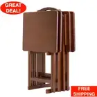 5 Pcs Wooden TV Tray Set W/ Stand Folding Table Snack Food Storage Walnut Finish