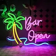 OYCGZV Bar Open Neon Sign Palm Tree LED Neon Sign Wall Beer Bar Neon Sign Open LED Sign for Beer Bar Coffee Cafe Club Store Home Pub Man Cave Summer Beach Party Business Decorations