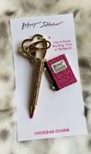 NEW Betsey Johnson Handbag Charm Key Ring Clip Gold Crystal Pencil Pink Notebook