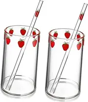 SOLUSTRE 2Sets Clear Strawberry Print Milk Cup High Borosilicate Heat Resistant with Straw for Juice Soda and Cold Drinks Easy to Clean Smooth Surface Fun Design