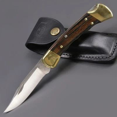 Folding Stainless Knife with Leather Sheath BuckKnives 110FG Pocketknife new