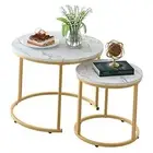 Coffee Table Nesting White Set of 2 Side Set Golden Frame Circular Round and