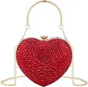 [GripIt] Small Heart Clutch Purse for Women Cute Rhinestone Wedding Party Handbag Mini Cocktail Prom Shoulder Bag, Red, Red