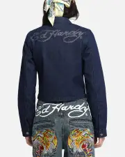 [ED HARDY] Ed Hardy Women's Cropped Denim Biker Jacket Indigo Denim - Size L L Indigo Denim
