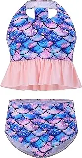 [Kukume] Girls Strap Swimsuit Falbala High Waisted Bathing Suit Halter Neck Bikini Swimwear