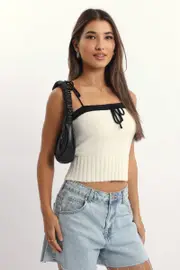 White Knit Top Sleeveless Contrast Ribbon - Size 14L, Women's Basic Knit