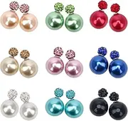 [AHIER] Adecco LLC 9 Pairs Bling Rhinestone Polymer Clay Studs Pearl Button Earrings, Double Ball Earring, Jewellery Piercing Ear Ring