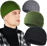 [Heniho] 3 Pack Wool Fisherman Beanies for Men, Short Knit Watch Cap Cuffed Trawler Hats